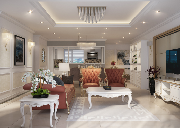 Mẫu thiết kế nội thất chung cư theo phong cách tân cổ điển với bộ sofa da gam màu nâu đất tạo điểm nổi bật