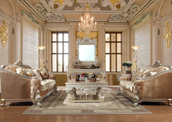 Không gian phòng khách thiết kế phong cách cổ điển đặc trưng với nội thất dát vàng 