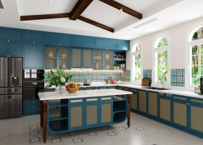 Tủ bếp theo phong cách tân cổ điển thường dùng những màu sắc tươi sáng, nhẹ nhàng 