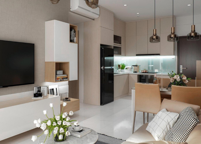 Không gian phòng khách nối liền bếp được thiết kế với gam màu kem làm chủ đạo kết hợp nội thất gỗ tạo 