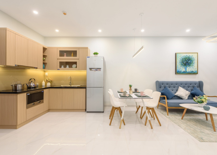 Mẫu thiết kế chung cư phòng bếp thiết kế liền kề với phòng khách