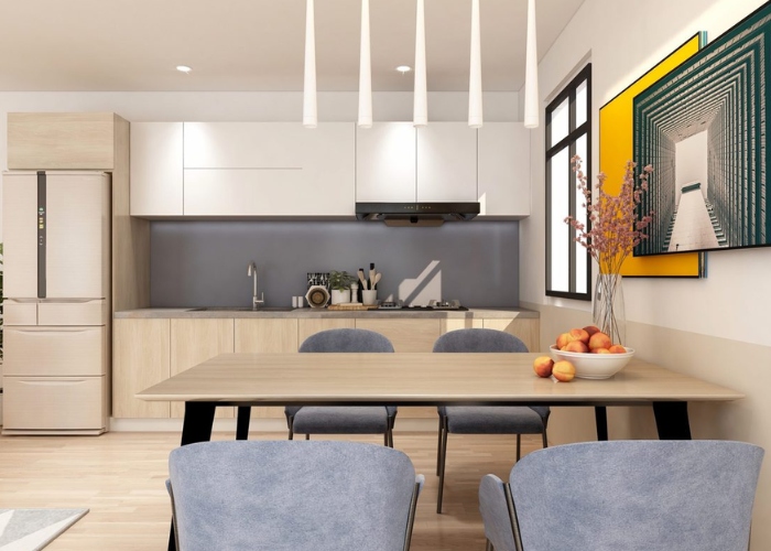 Phòng bếp căn hộ chung cư thiết kế đơn giản với tông màu trắng kết hợp nâu gỗ sáng