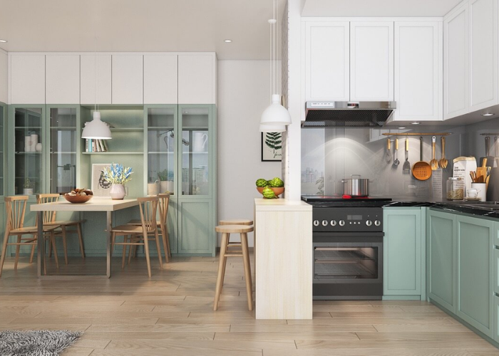 Không gian phòng bếp theo phong cách Scandinavian cuốn hút với gam màu xanh, trắng