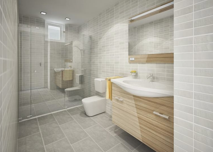 Phòng vệ sinh sử dụng chất liệu kính trong suốt kết hợp với nội thất sứ và gỗ hiện đại
