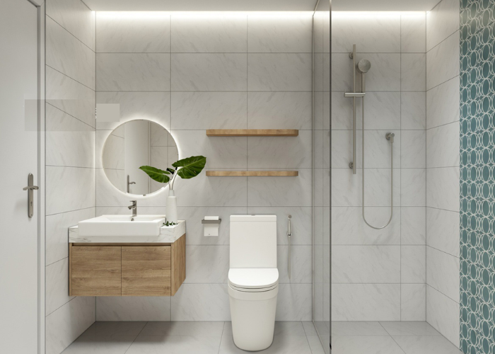 Đặt một chậu cây xanh trong phòng tắm nhỏ giúp không gian mang sắc màu thiên nhiên tươi mát hơn