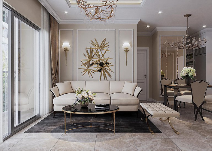 Ghế sofa bọc da bóng bẩy kết hợp các nội thất trang trí dát vàng cho phòng khách hiện đại