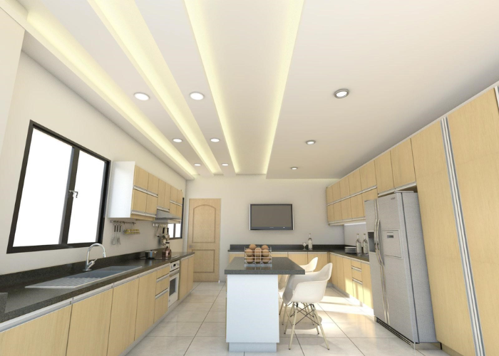 Mẫu trần nhà thạch cao được thiết kế chia sáng cho không gian nhà bếp 