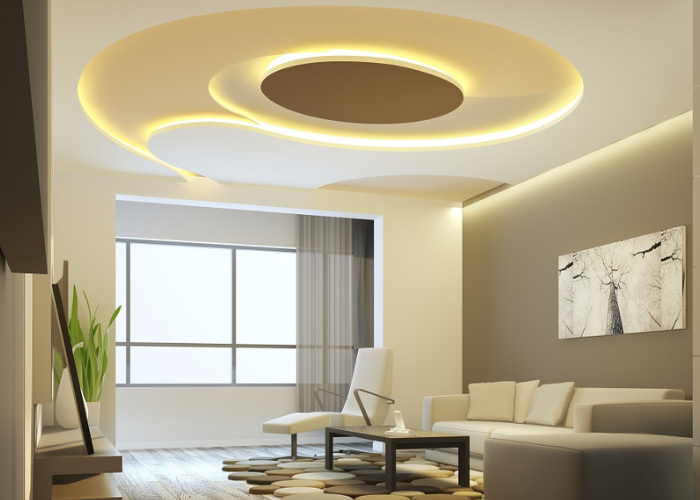 Trần nhà thạch cao thiết kế hình tròn lạ mắt cho phòng khách chung cư hiện đại