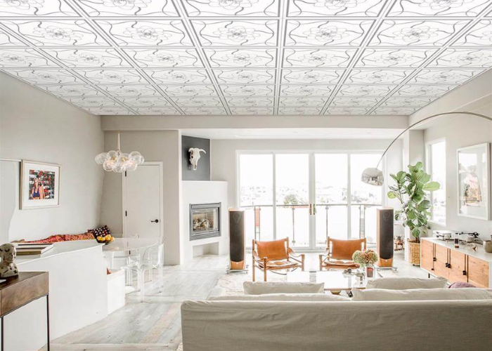 Mẫu trần nhà đẹp bằng nhựa màu trắng, phối họa tiết hoa văn hiện đại