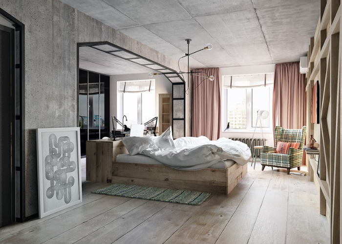 Trần nhà bê tông đơn giản cho phòng ngủ theo phong cách Bắc Âu