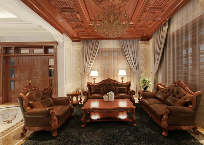 Mẫu trần nhà đẹp bằng gỗ tự nhiên với hoa văn cổ điển, hài hòa với tổng thể phòng khách