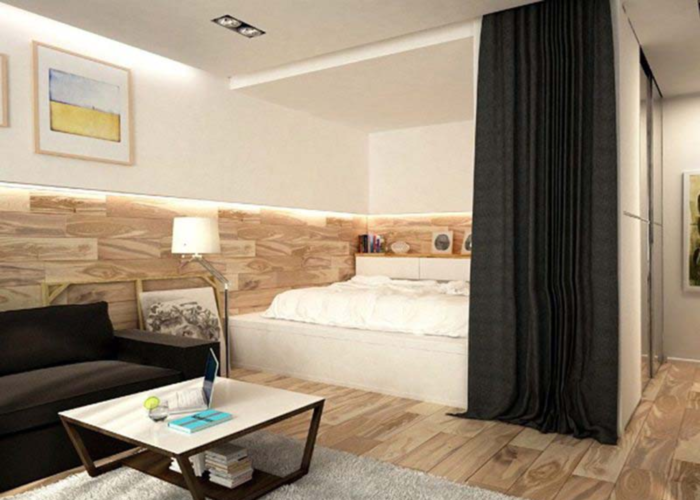 Vách ngăn phòng ngủ bằng rèm vải tiết kiệm không gian