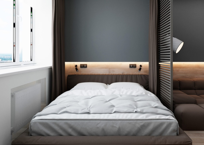 Vách ngăn phòng ngủ bằng gỗ công nghiệp dạng các thanh ngang