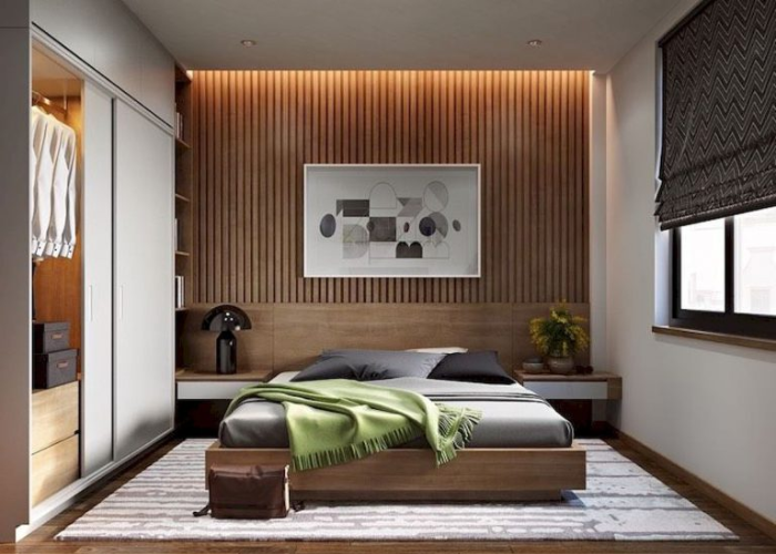 Phòng ngủ đẹp cho nam với nội thất sử dụng tủ âm tường để tiết kiệm diện tích