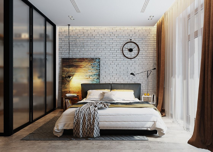 Mẫu phòng ngủ đẹp cho nam tiện nghi,  thiết kế trẻ trung với gạch lát tường và đồng hồ kiểu lạ mắt. 