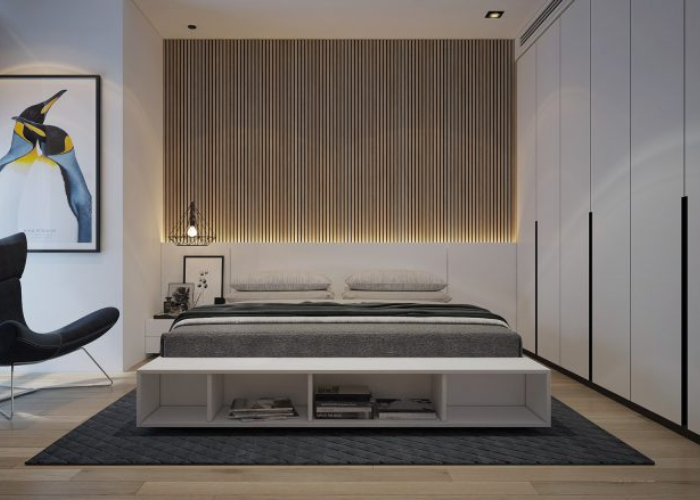 Phòng ngủ đẹp cho nam với phần tường với thiết kế sọc mới lạ 