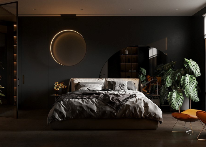 Thiết kế nội thất phòng ngủ nam màu đen ấn tượng và huyền bí