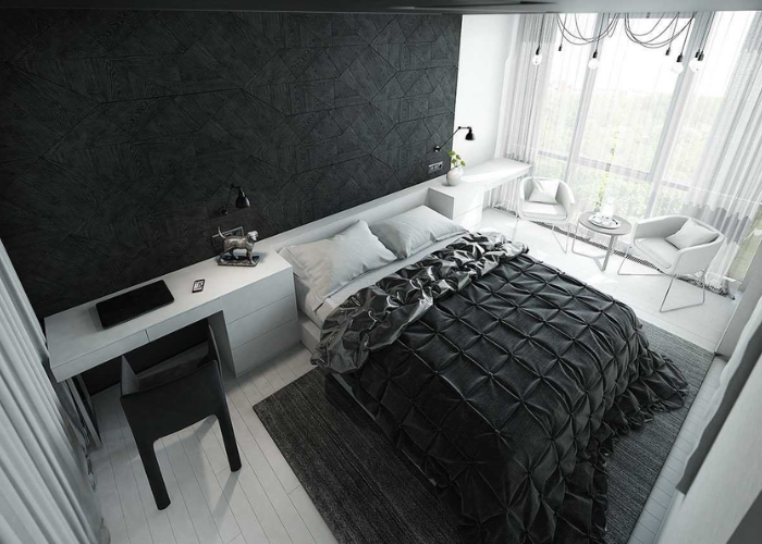 Thiết kế nội thất phòng ngủ đẹp cho nam tone trắng đen đẹp hiện đại với cửa sổ đón ánh nắng tự nhiên.  