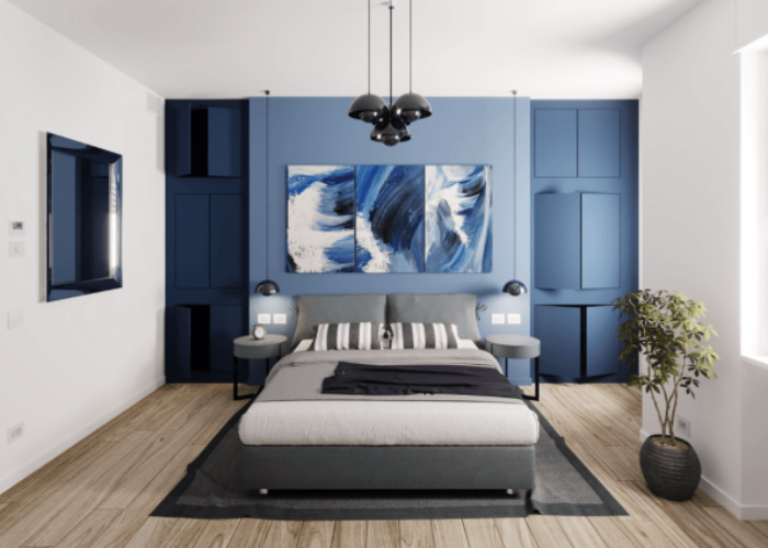 Phòng ngủ nam với thiết kế tông trắng - xanh dương chủ đạo, kết hợp tranh tường sóng biển