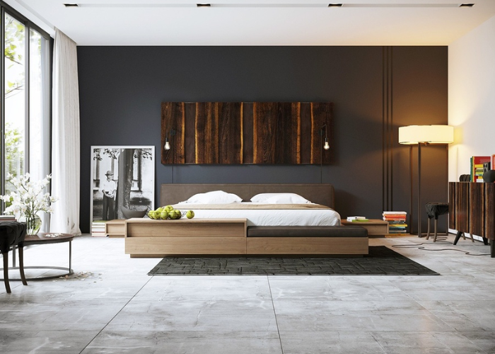 Bức tường sơn đen cùng chiếc đèn ngủ đứng có thiết kế lạ mắt là điểm nhấn cho thiết kế phòng ngủ đẹp cho nam.