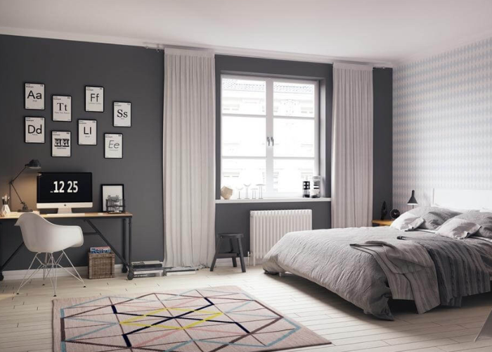 Phòng ngủ đẹp cho nam với phong cách Bắc Âu kết hợp không gian làm việc tối giản. 