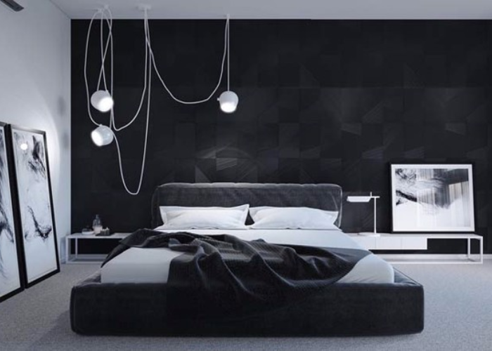 Sử dụng tranh trang trí với đèn led thả trần để trang trí phòng ngủ đẹp cho nam vừa đơn giản mà lại ấn tượng. 