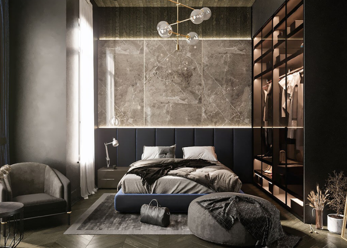 Sự đồng điệu giữa màu nội thất và thiết kế phòng ngủ nam màu xám đầy nam tính.