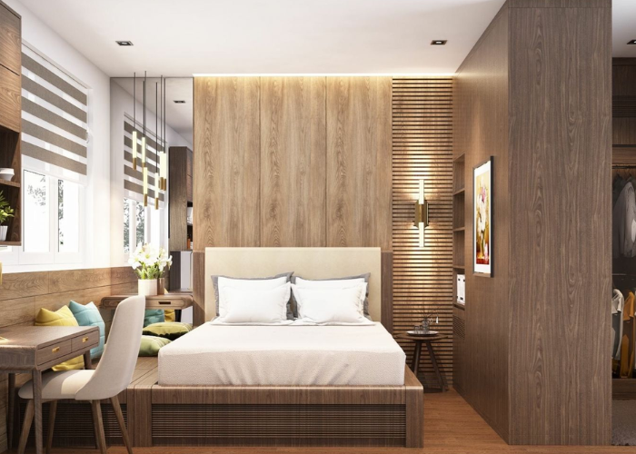 Giường ngủ, tủ đầu giường, bàn cuối giường, tủ quần áo, được làm bằng chất liệu gỗ tự nhiên màu nâu mộc mạc 