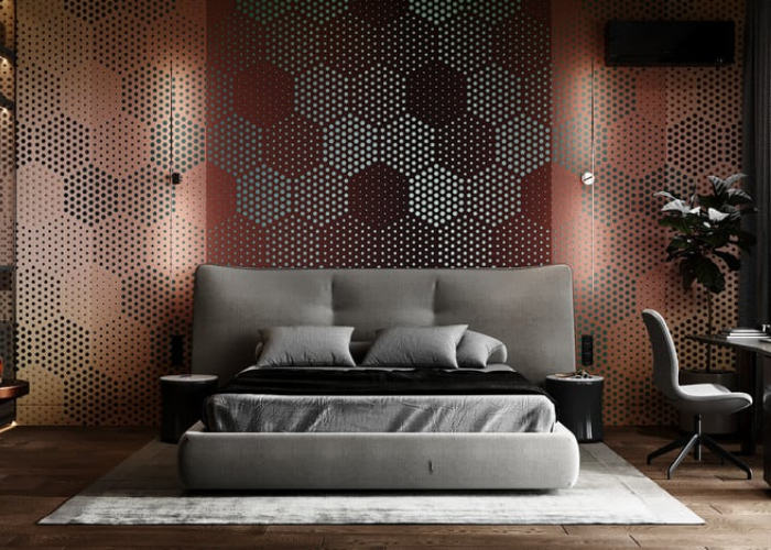 Phòng ngủ đẹp cho nam với tường được thiết kế độc lạ với nhiều hình khối ngũ giác và chiếc giường đơn sắc.