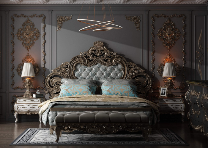 Chiếc giường ngủ bọc nệm được chạm khắc hoa văn cầu kỳ thể hiện sự uy quyền, mạnh mẽ cho phòng ngủ nam