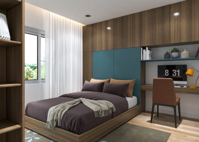 Giường ngủ chất liệu gỗ công nghiệp với thiết kế hiện đại là kiểu thiết kế  phòng ngủ cho nam rất được ưa chuộng