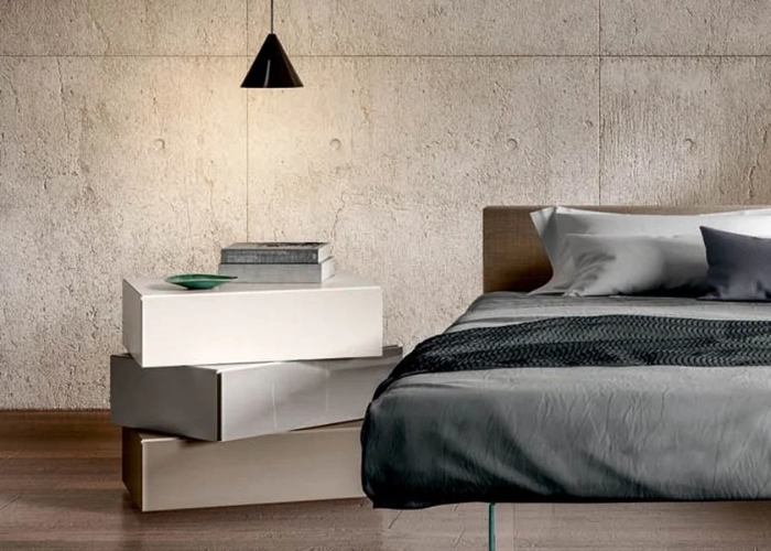 Thiết kế tab đầu giường hình hộp bất cân đối tạo vẻ đẹp ấn tượng và thu hút cho phòng ngủ