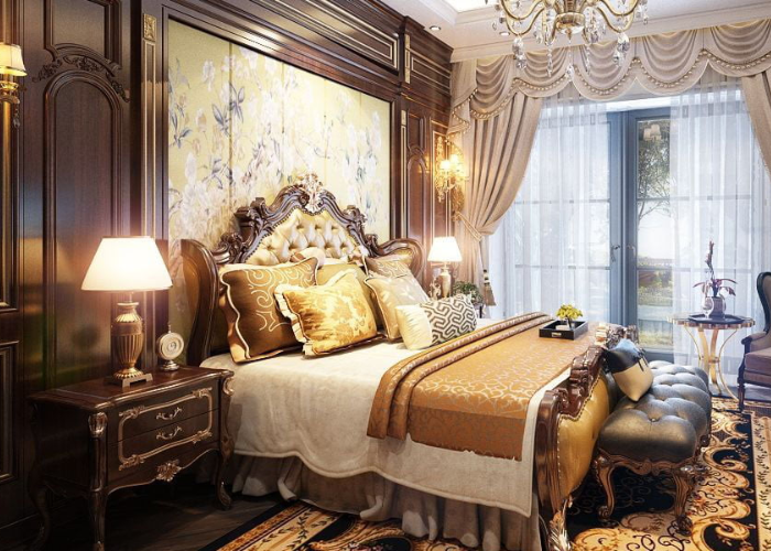 Tab đầu giường phong cách tân cổ điển với viền màu vàng kim độc đáo và ấn tượng  