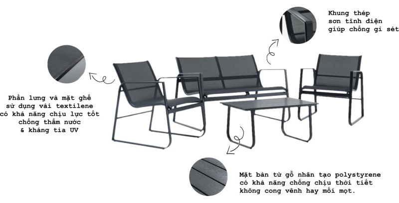Vật liệu combo bàn ghế ngoài trời bền đẹp, không cần chăm sóc phức tạp
