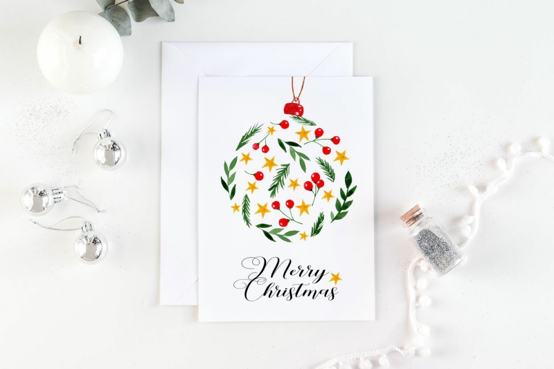 Mẫu vẽ thiệp giáng sinh với hình quả châu Noel 