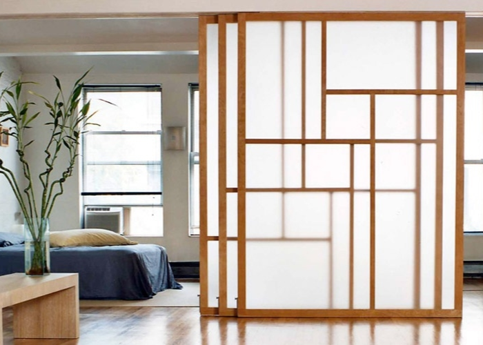 Mẫu vách ngăn di động khung gỗ kính mờ mang hơi hướng Nhật Bản, nhẹ nhàng và tinh tế