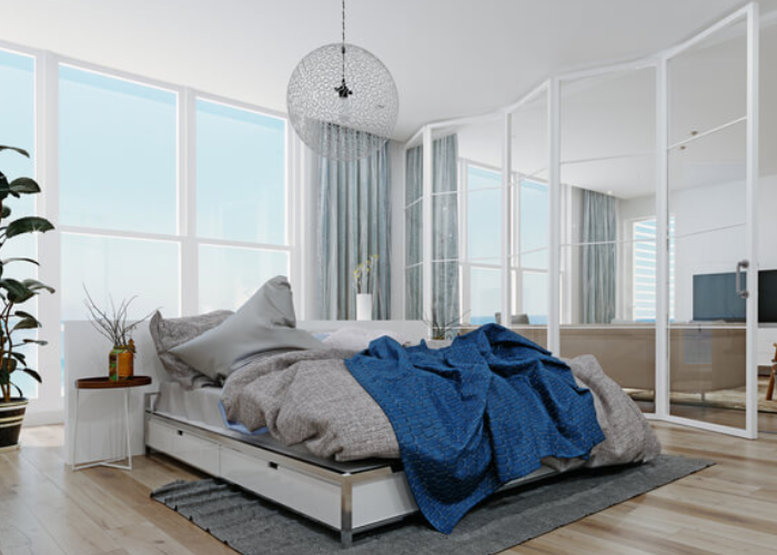 Vách ngăn di động bằng kính và khung sắt đơn giản, hiện đại cho phòng ngủ chung cư 