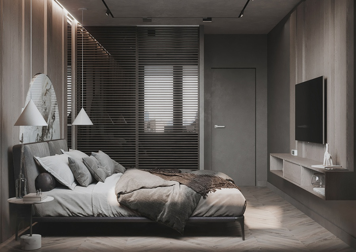 Thiết kế giường ngủ đơn giản và tinh tế với gam màu xám