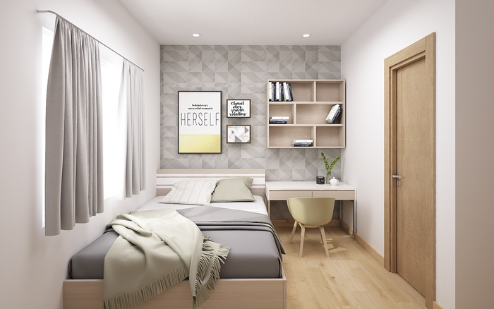 Mẫu giường ngủ gỗ công nghiệp với thiết kế đơn giản, tông màu sáng cùng họa tiết trang trí tường gây ấn tượng cho căn phòng