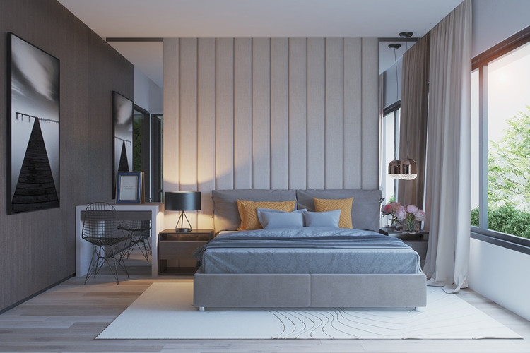 Phòng ngủ màu xám với sàn lót gỗ