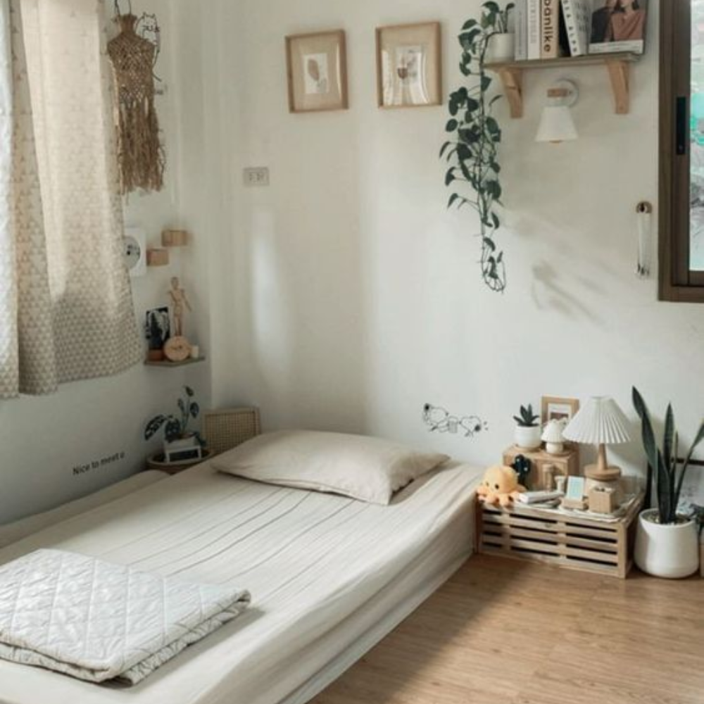 Ý tưởng trang trí cho phòng ngủ 4m2 không giường và kết hợp kệ tường trang trí
