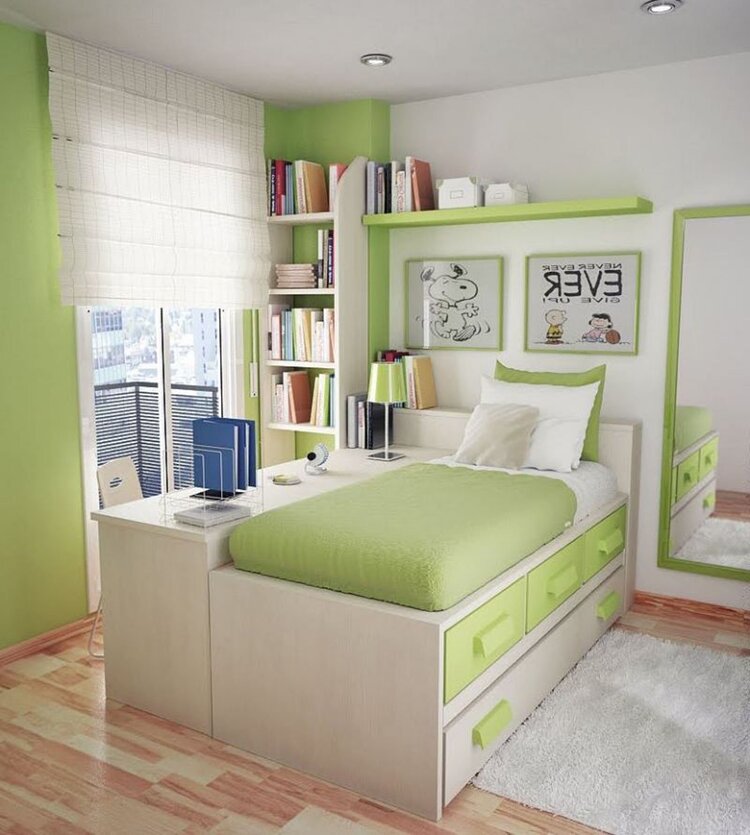 Mẫu thiết kế phòng ngủ bình dân, dù diện tích nhỏ nhưng đảm bảo đầy đủ công năng với tông xanh lá làm chủ đạo