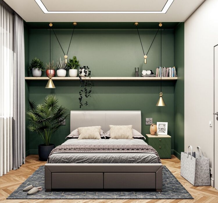 Mẫu trang trí phòng ngủ bình dân với kệ trang trí treo tường không chỉ giúp lưu trữ đồ dùng mà còn tăng thêm nét thẩm mỹ của phòng ngủ