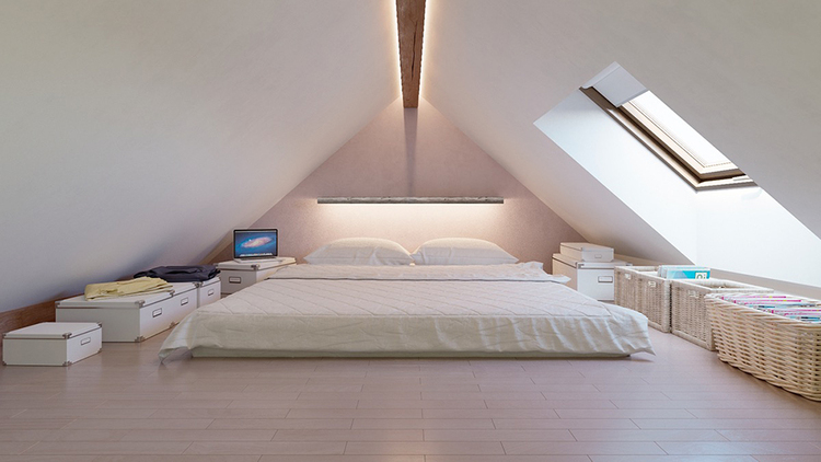 Mẫu trang trí phòng ngủ bình dân ở tầng gác mái không cần giường
