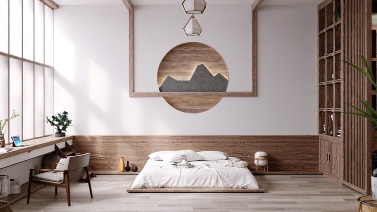 Mẫu trang trí phòng ngủ bình dân không giường mang đậm phong cách Nhật Bản với tông màu nâu gỗ chủ đạo