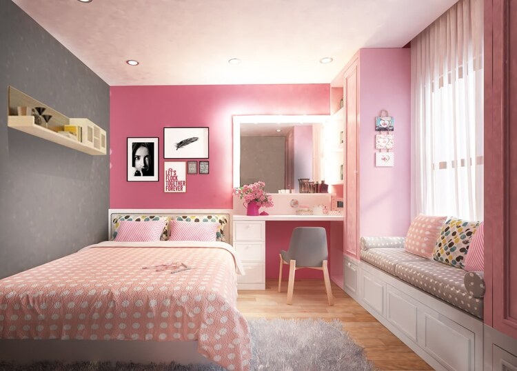 Mẫu trang trí phòng ngủ bình dân màu hồng nữ tính dành cho các bạn nữ
