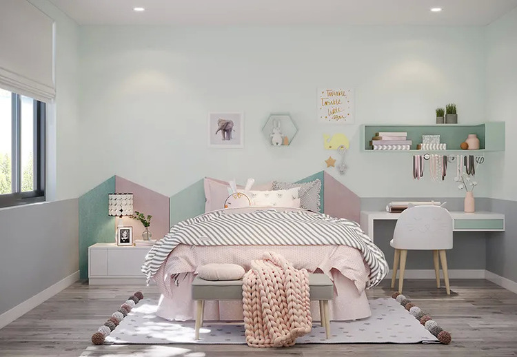 Mẫu trang trí phòng ngủ giá rẻ cho nữ kết hợp các tông màu pastel nhẹ nhàng hồng và xanh đầy thu hút