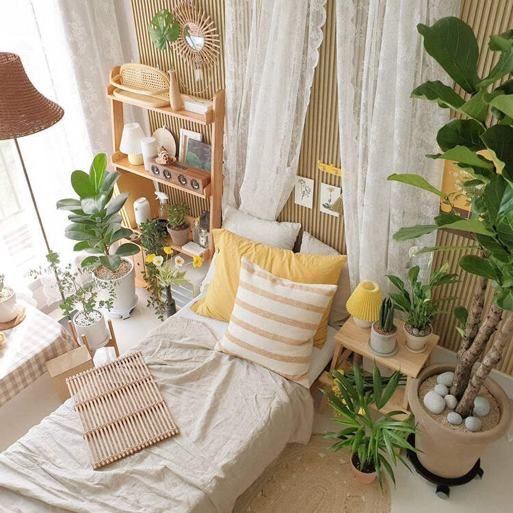Gợi ý thiết kế phòng ngủ Hàn Quốc với nội thất tông vàng và cây xanh cực kỳ hài hòa, bắt mắt
