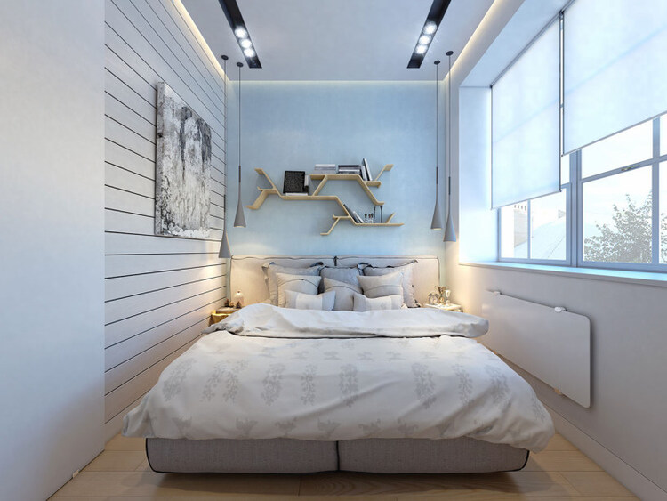 Mẫu thiết kế cho phòng ngủ diện tích nhỏ với giường ngủ êm ái và kệ treo tường lưu trữ đồ đạc