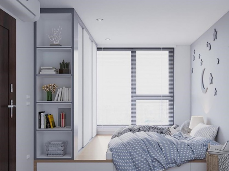 Thiết kế phòng ngủ diện tích nhỏ 5m2 không cần giường, sử dụng hệ tủ kịch trần tối ưu hóa không gian lưu trữ đồ dùng